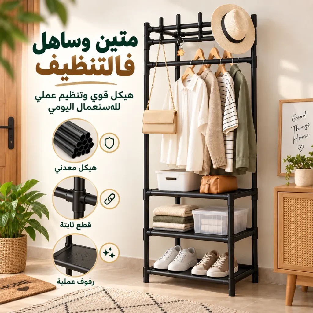 تفاصيل الهيكل والوصلات والرفوف ديال منظّم الملابس